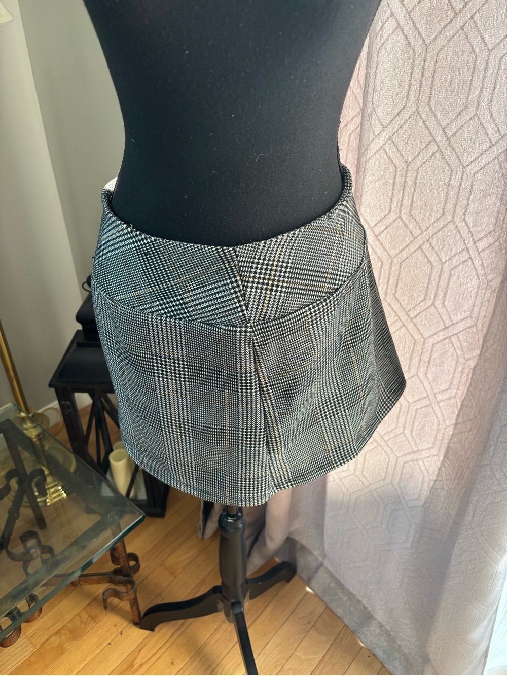 Altar'd State Black & Gray Plaid Pleated Mini Skirt with Subtle Tan Stripe - Picture 3 of 12